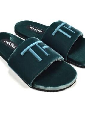 Tom Ford Emerald Velvet Logo Slide Sandals